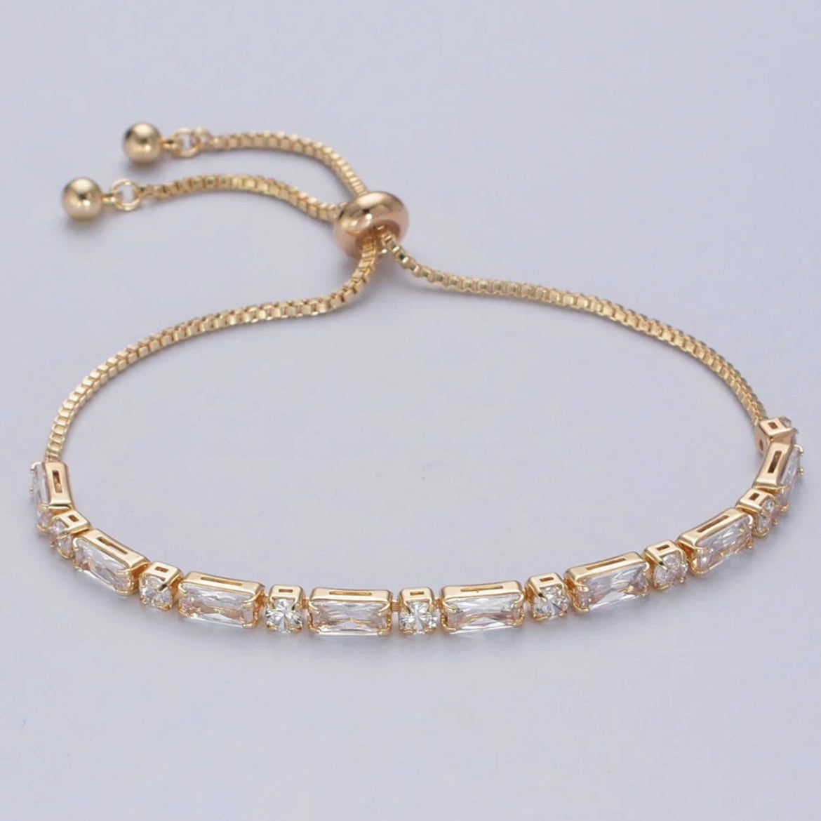 Baguette Bolo Adjustable Bracelet Gold with c.z.