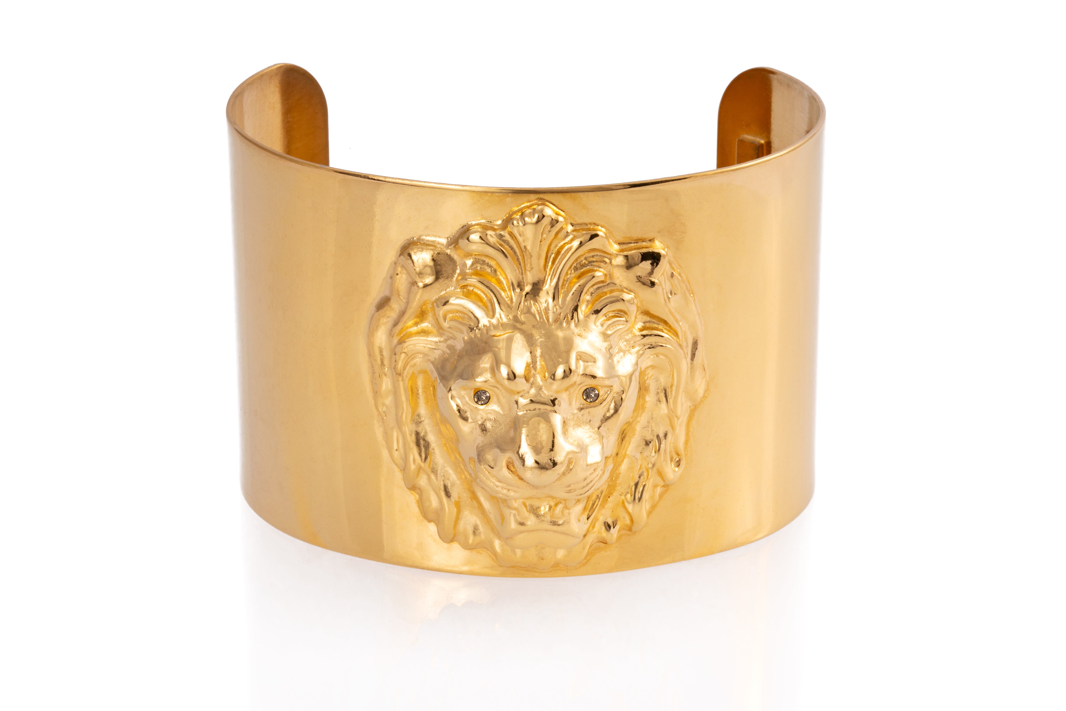 Matte Gold 2" Cuff with Lion Head in center with  crystal eyes