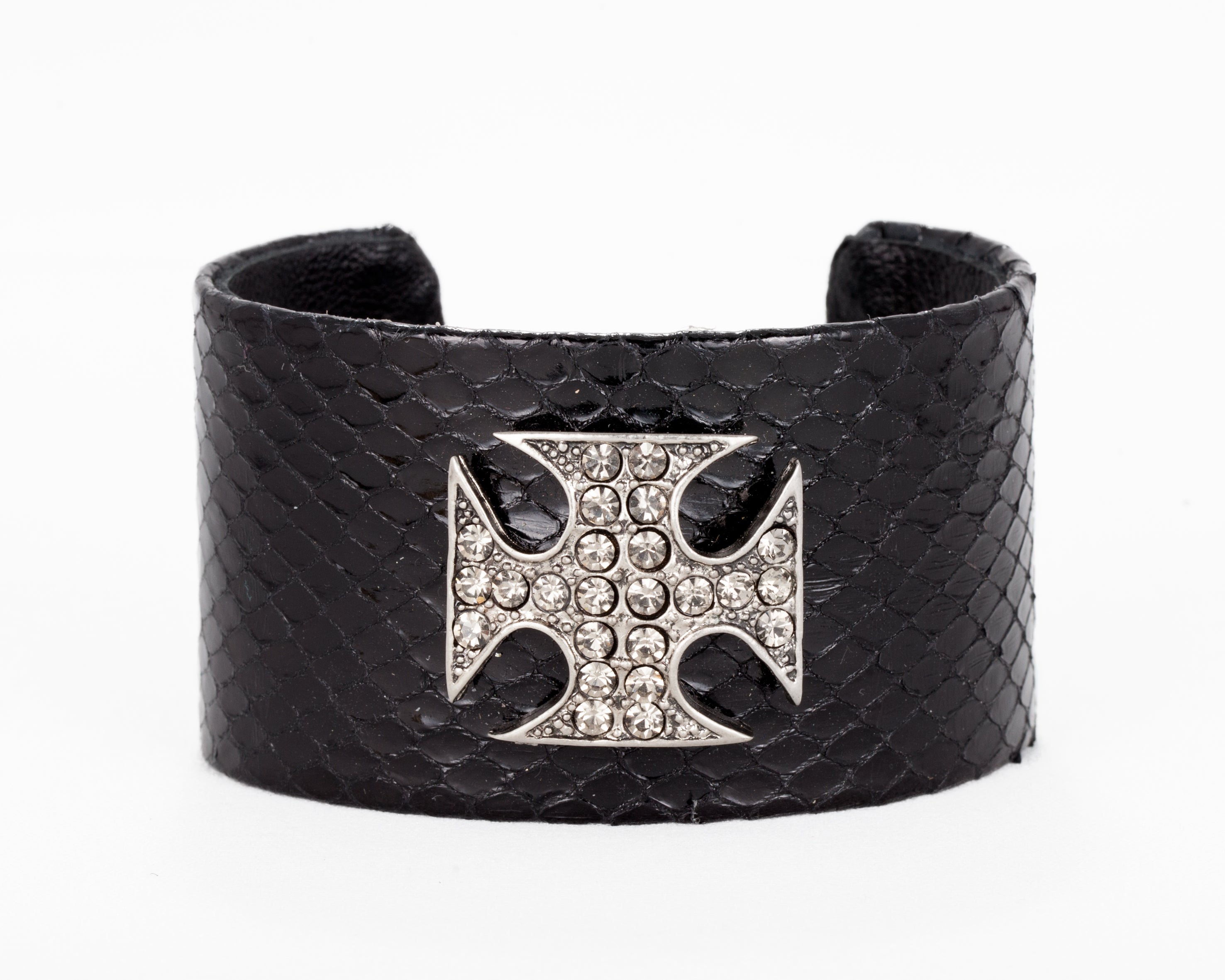 Black snakeskin cross with silver Maltese cross with clear  swarovski crystals  adjustable to fit most wrist 